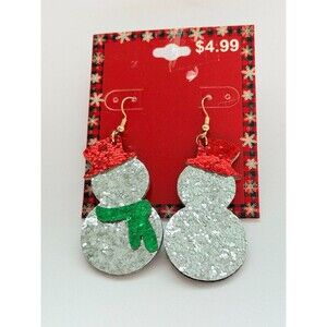 New Christmas Snowman Glitter Dangle Earrings Red Hat Green Scarf Holiday NWT